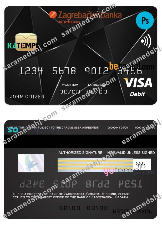 Croatia Zagrebacka bank visa credit card template in PSD format, fully editable